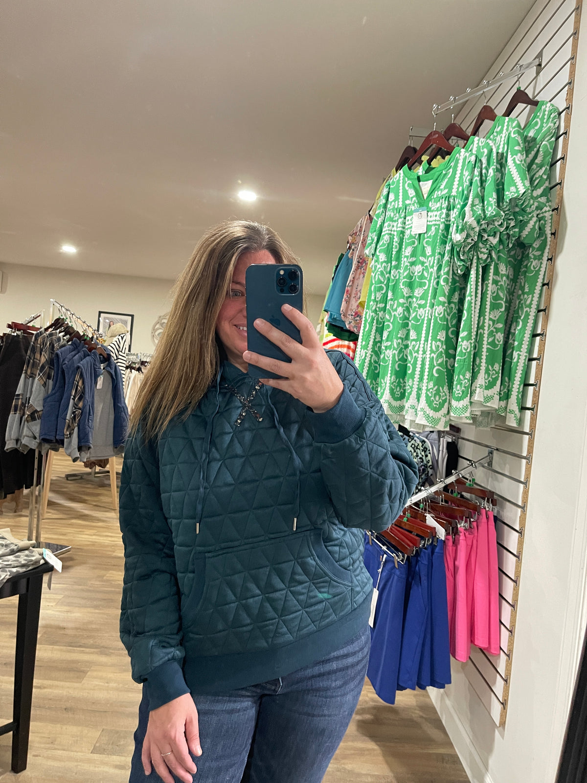 Dark Teal Quilted Hoodie Pullover Top With Contrast Floral Print
