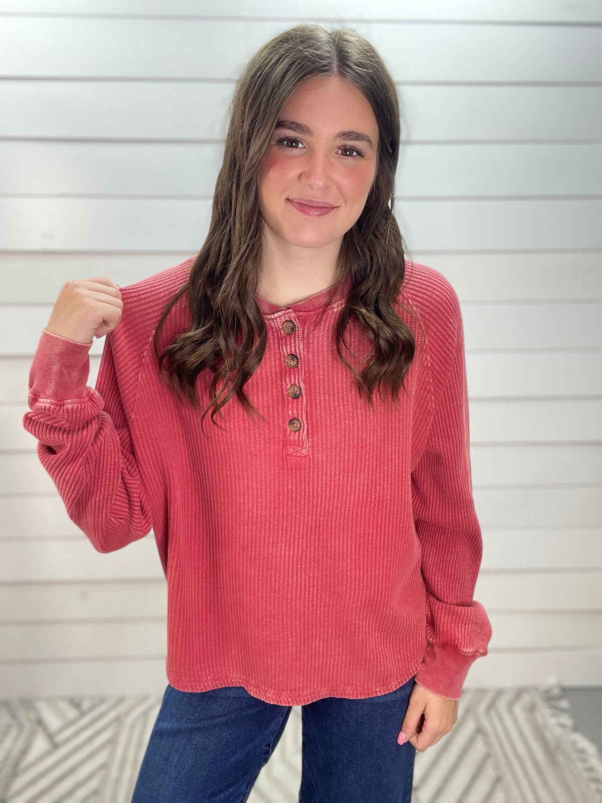 Dark Red Waffle Texture Henley Button Knit Top