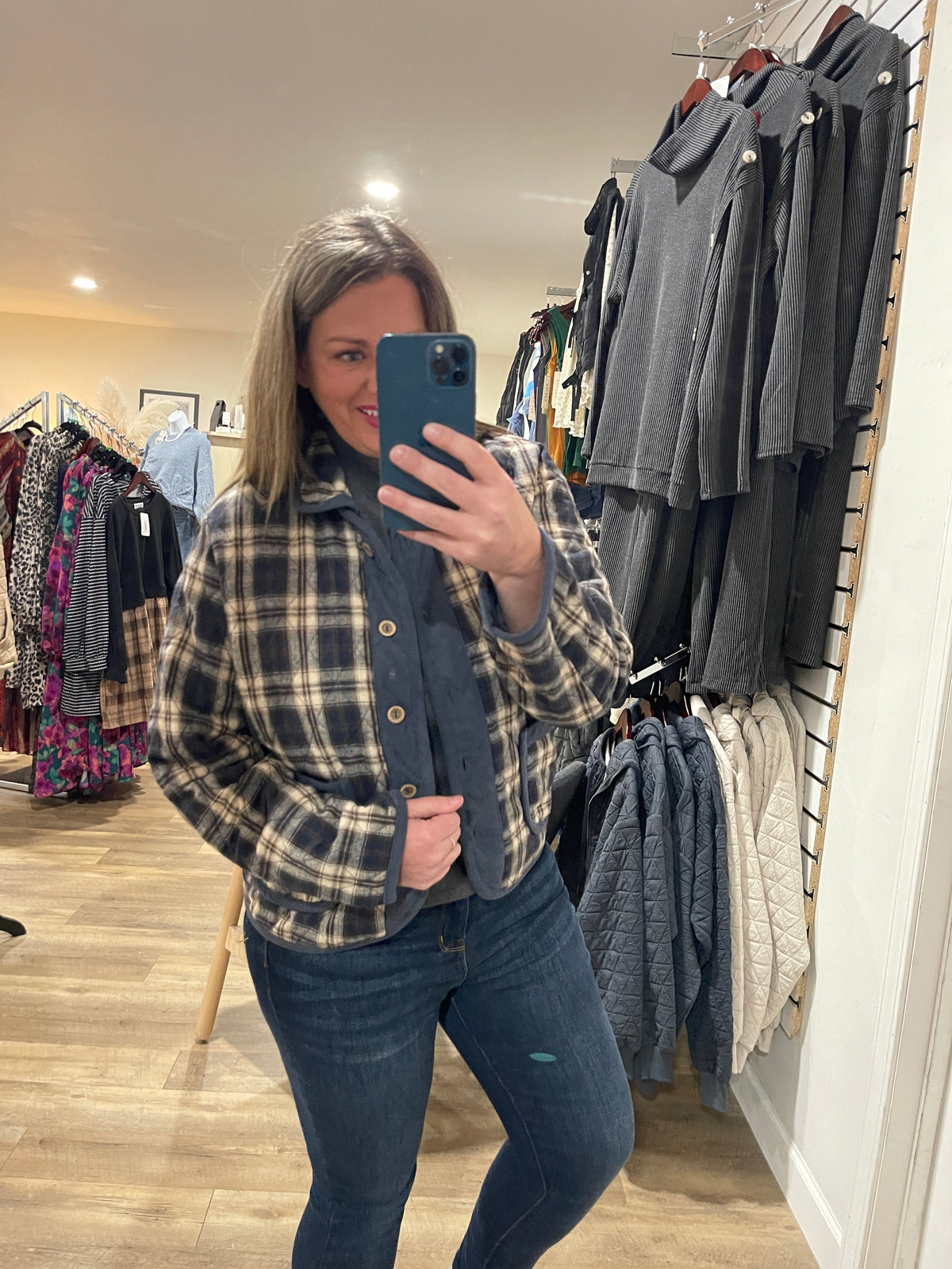 NAVY PLAID QUILTED/CORD ACCENT JACKET