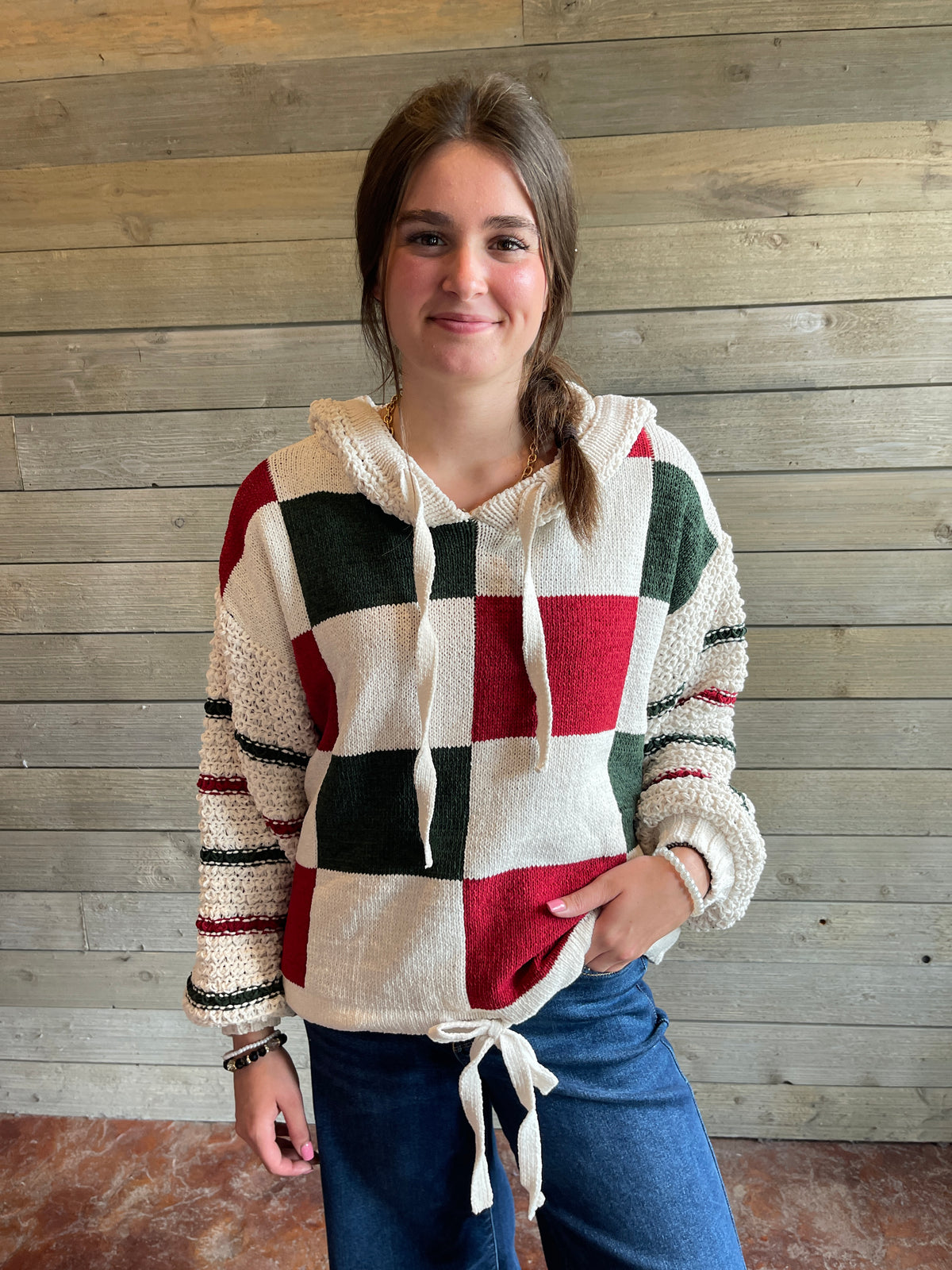 RED/GREEN/CREAM OVERSIZED CHECKERED SWEATER