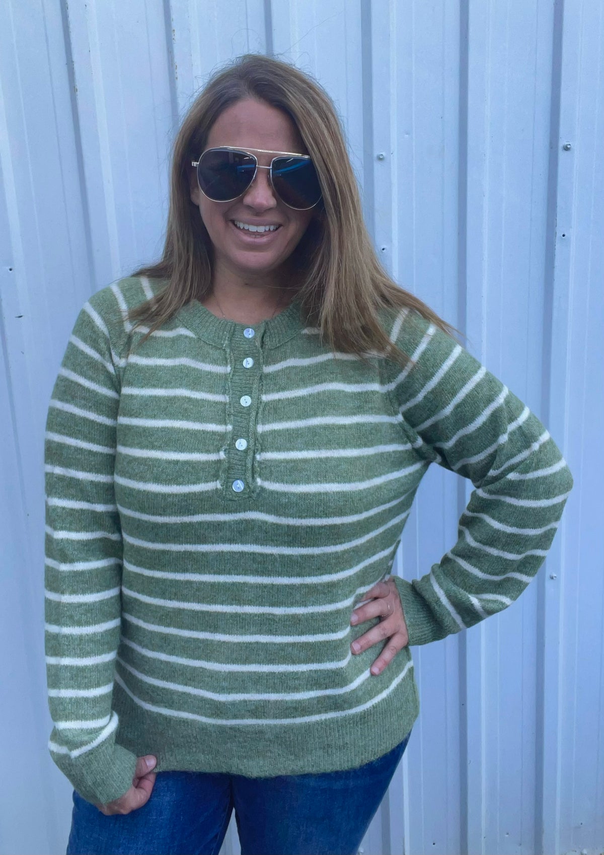 DARK SAGE Striped, Half Buttons, Raglan Sleeve, Pullover SWEATERS