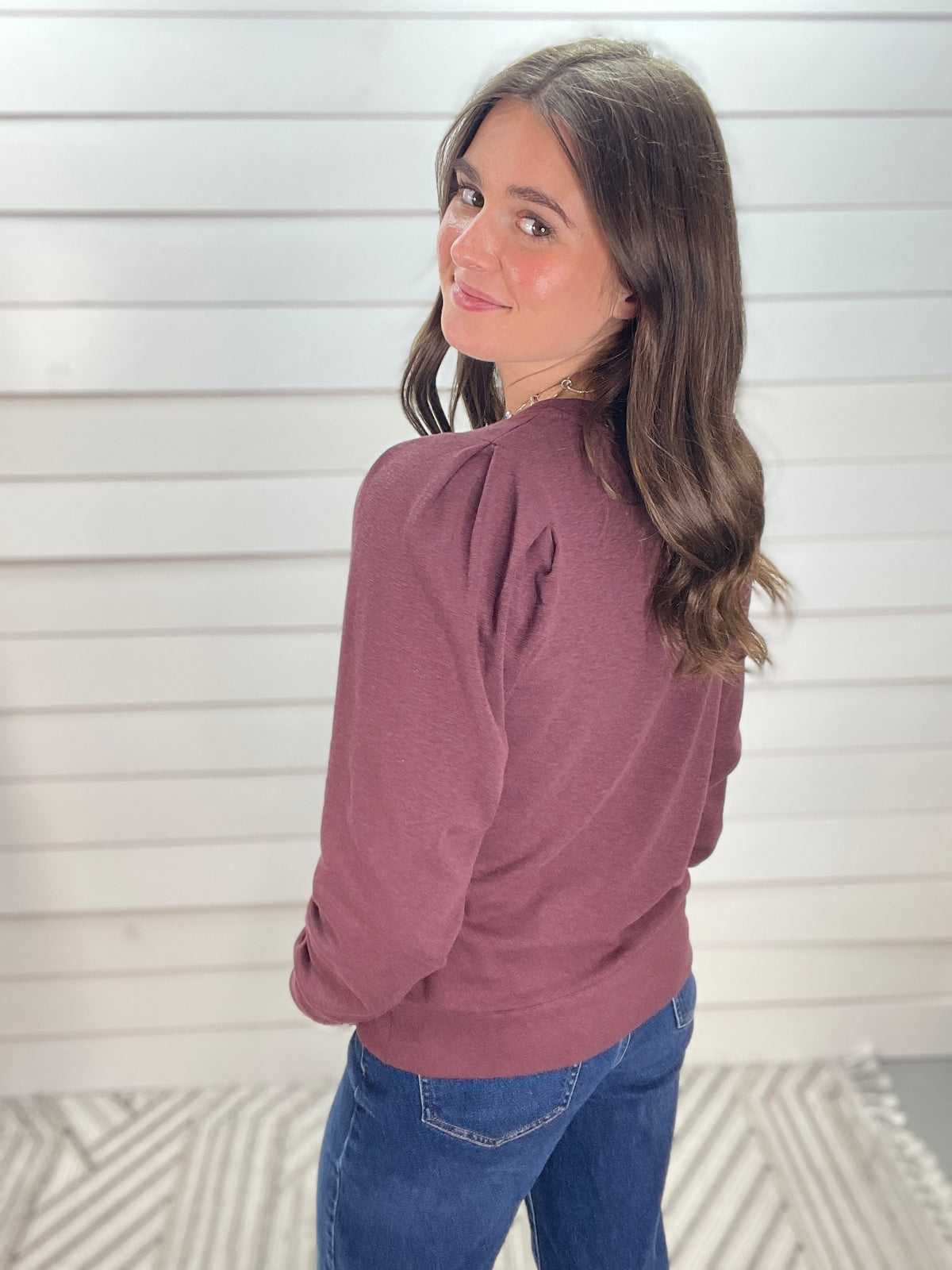 EGGPLANT Crew Neck Pleated Long Balloon Sleeve Solid Inner Brushed KnitTop