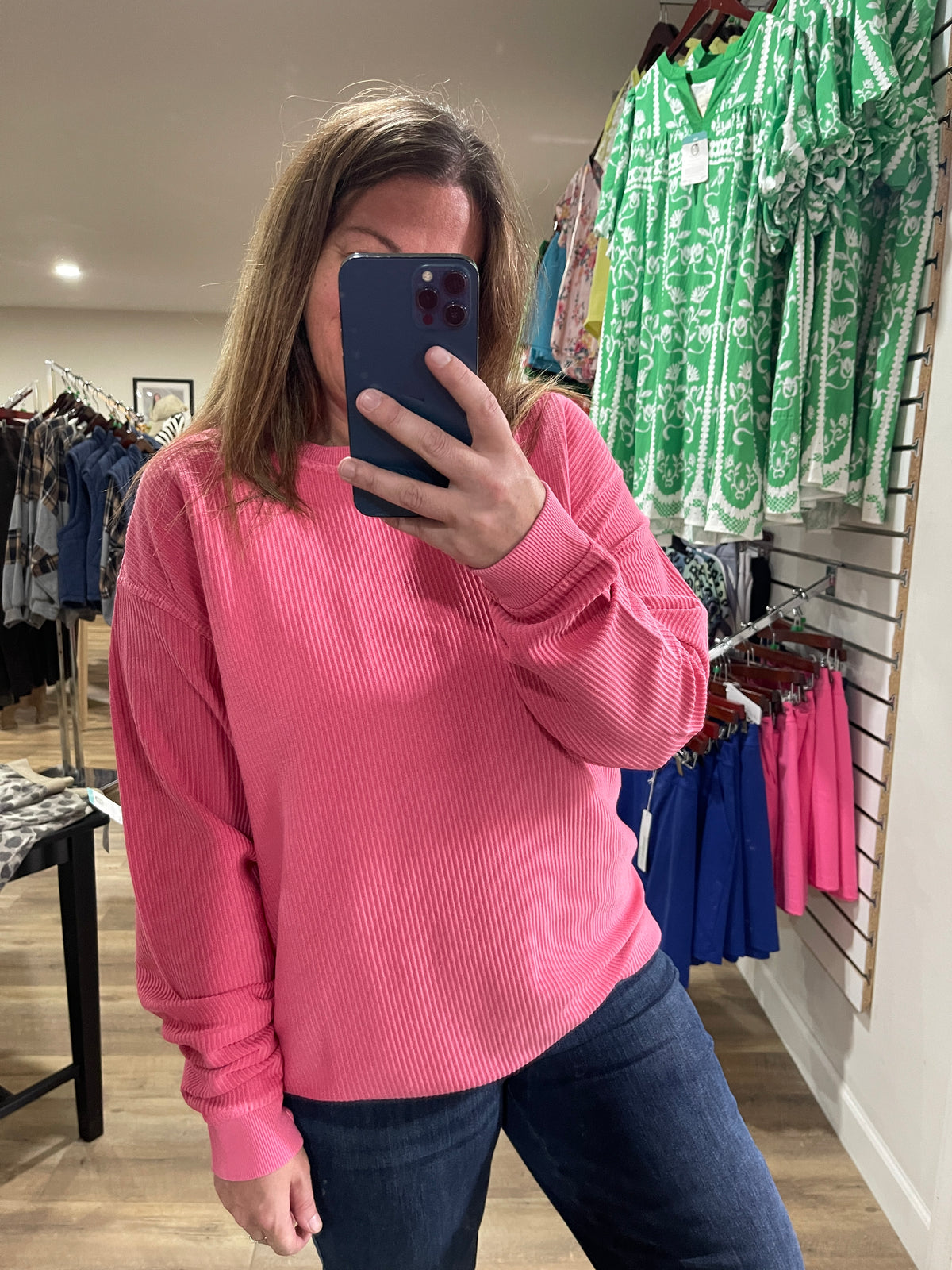 FLAMINGO PINK Heavyweight Corduroy Pullover Crewneck With Thumbholes