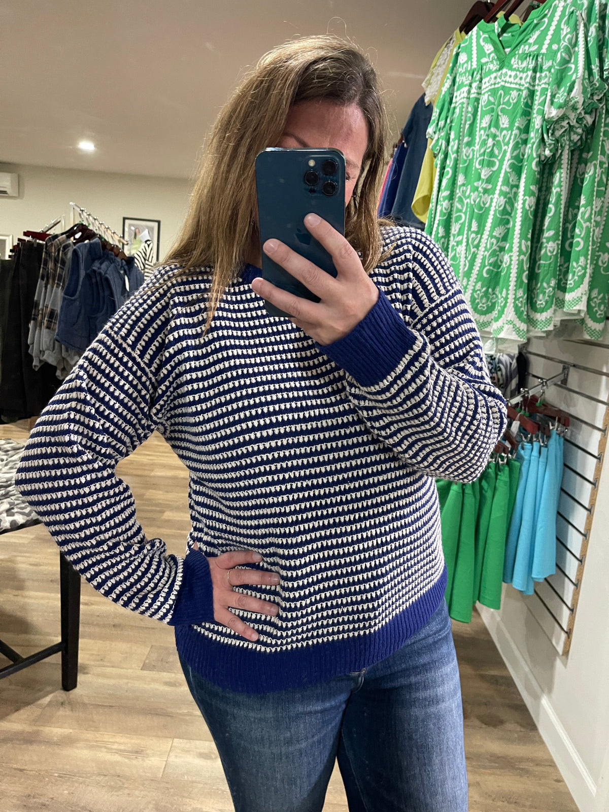 NAVY Color Trimmed Long Sleeve 2 Tone Waffle Striped Crew Neck Pullover Sweater