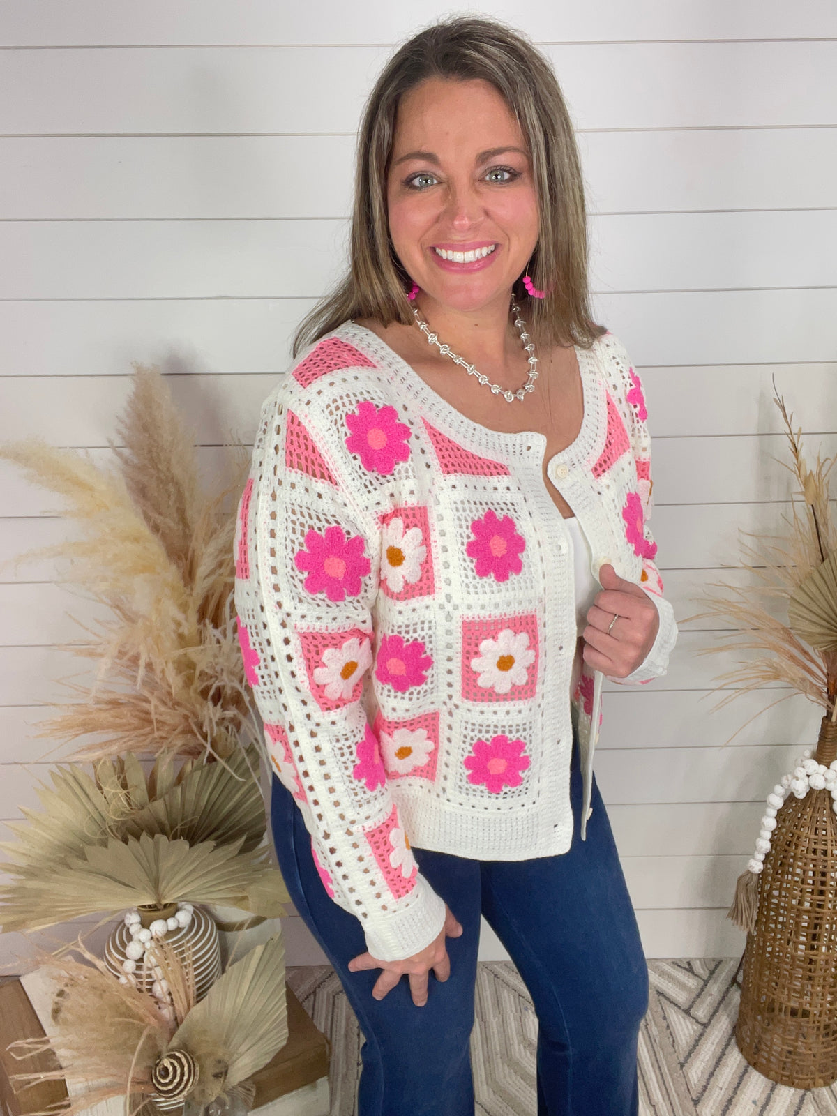 NEON PINK FLORAL CROCHET SQUARE CARDIGAN