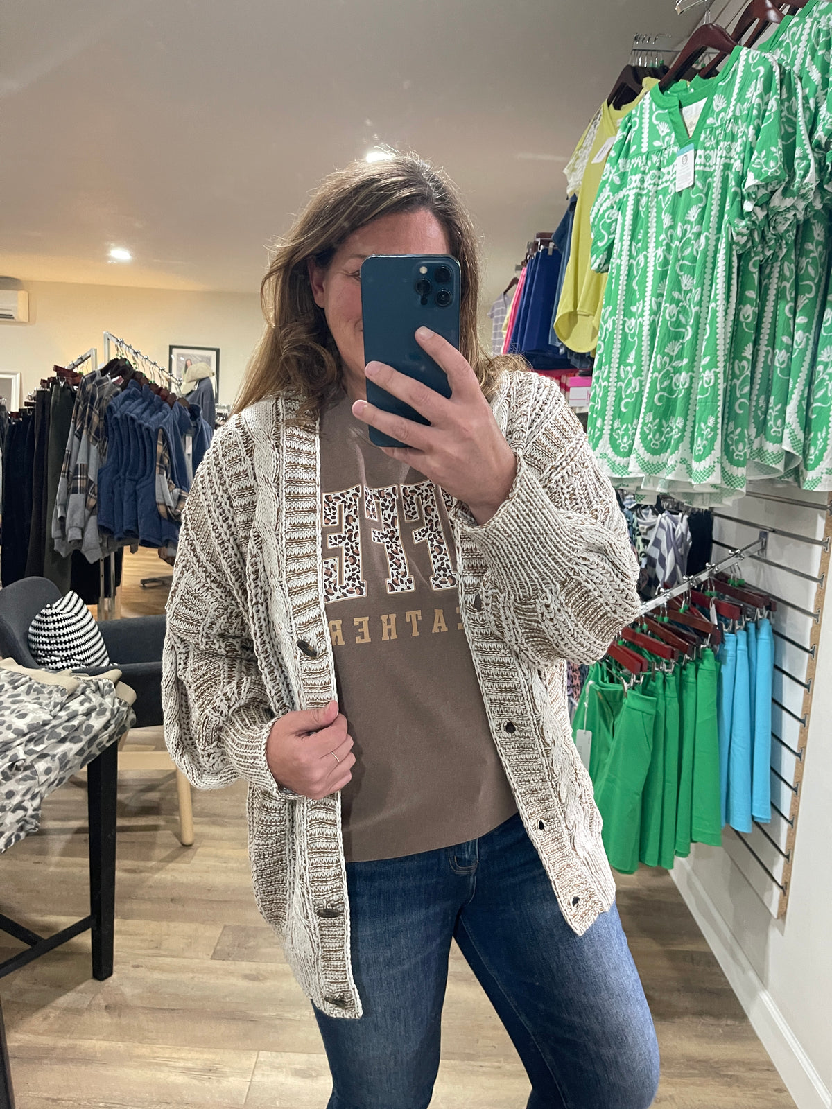 OATMEAL/BROWN CABLE KNIT BUTTON CARDIGAN