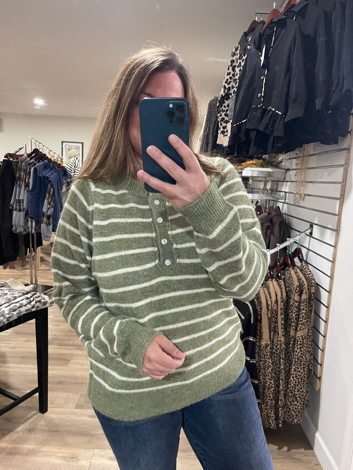DARK SAGE Striped, Half Buttons, Raglan Sleeve, Pullover SWEATERS