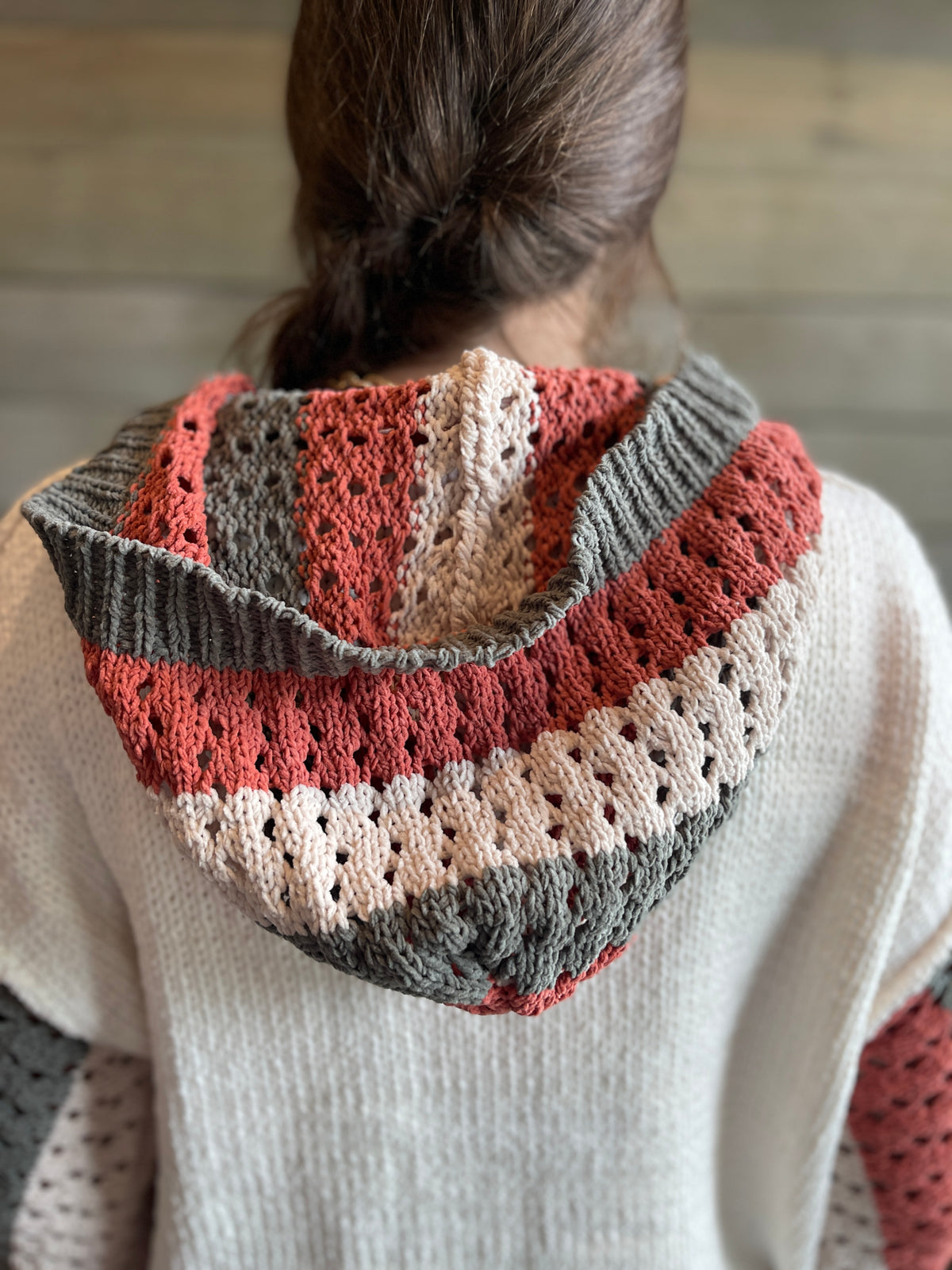 IVORY BUTTON KNIT SWEATER W/ OPEN KNIT COLORBLOCK SLEEVES