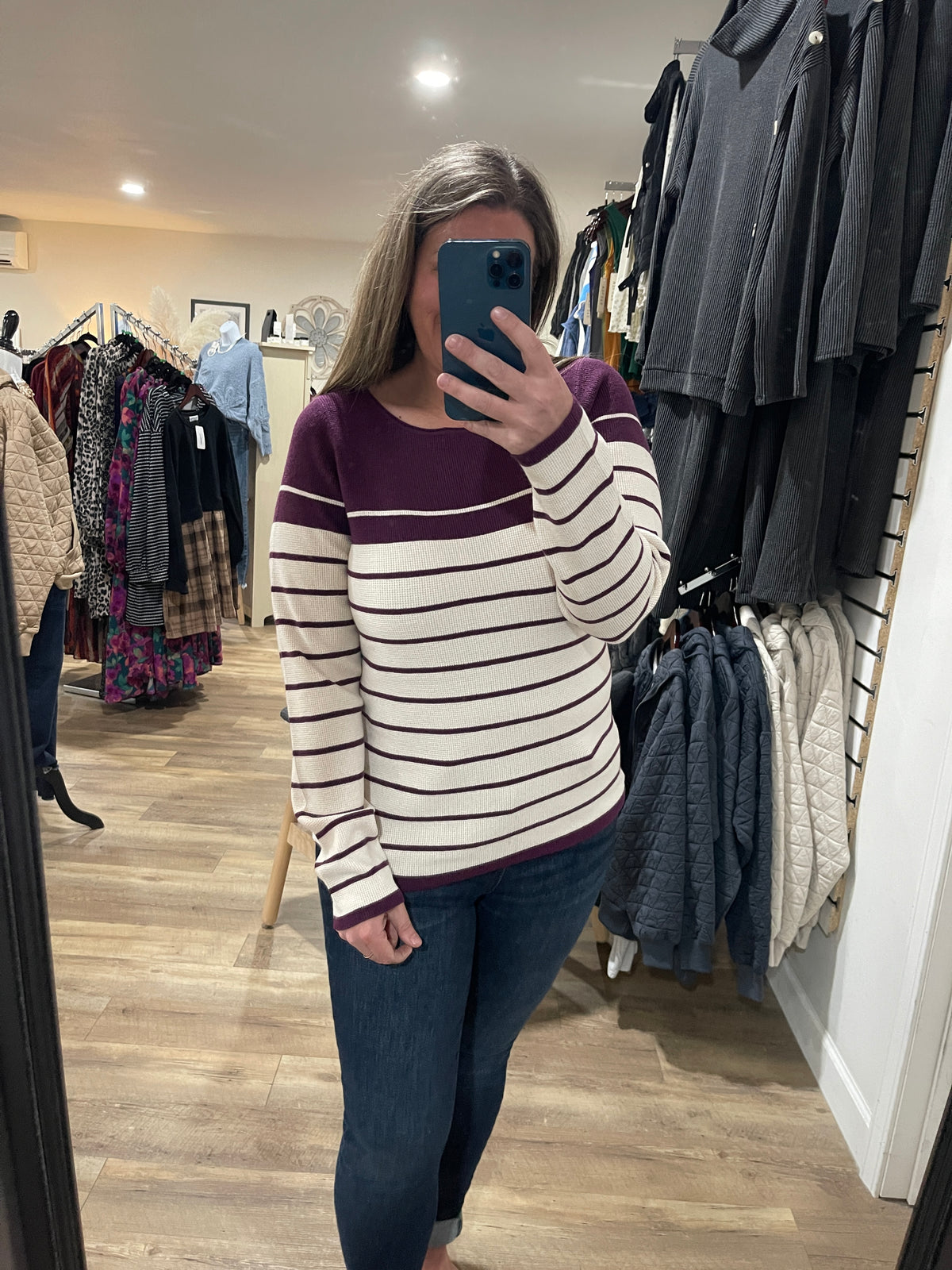 PLUM STRIPED WAFFLE TEXTURED KNIT TOP