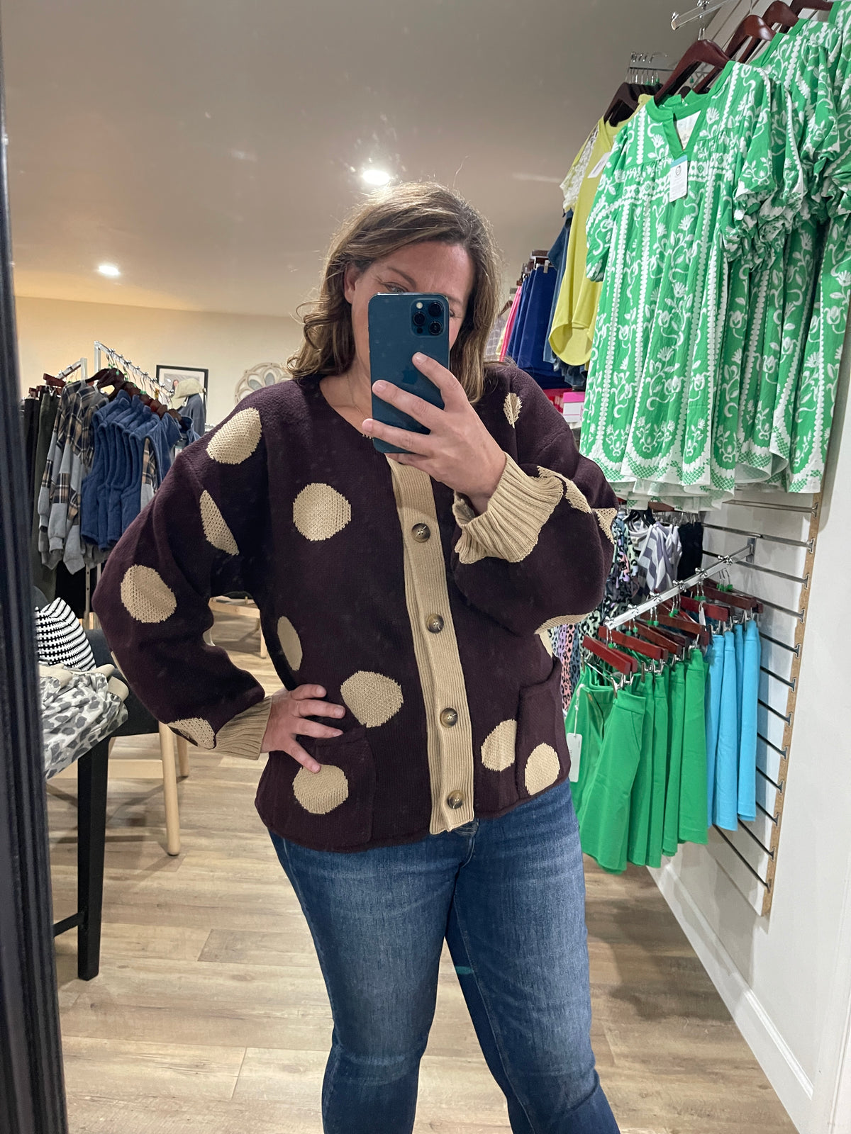 BURNETTE Round Neck Button Down Long Sleeve Polka Dot Jacquard Sweater Cardigan