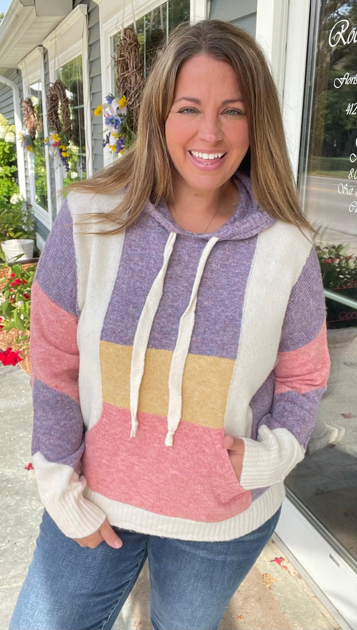 LAVENDER/PINK Multi Color Block, Hoodie, Kangaroo Pocket, Pullover Light Weight Sweater