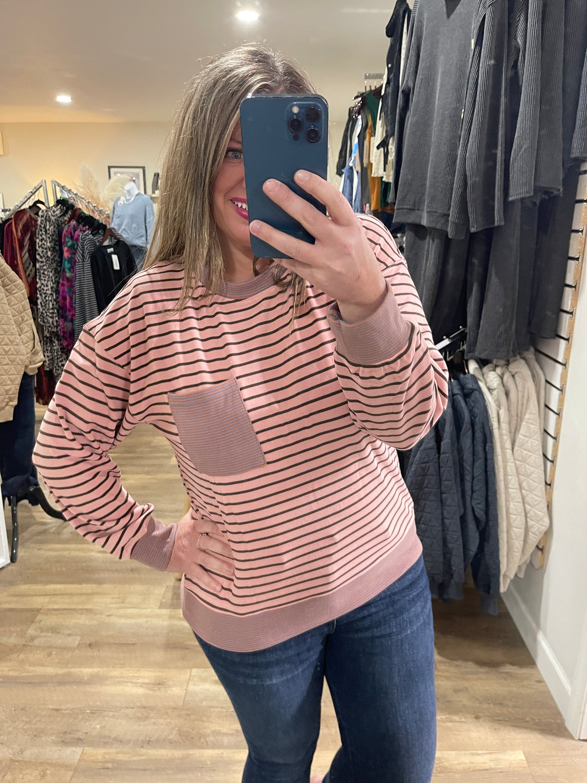 MAUVE/BROWN STRIPED BUTTER POCKET KNIT TOP