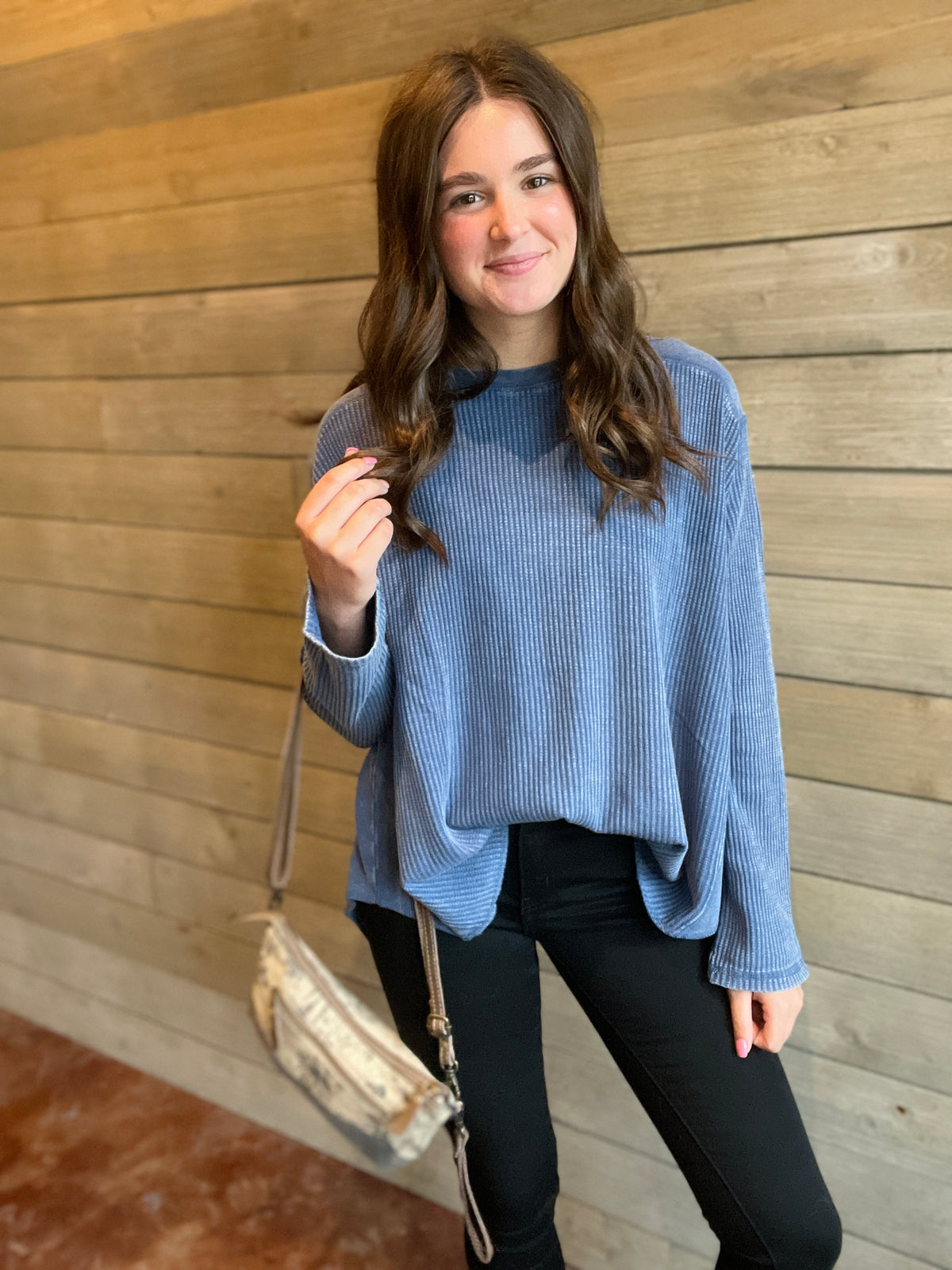 NAVY MINERAL WASH WAFFLE LOSSE FIT TOP