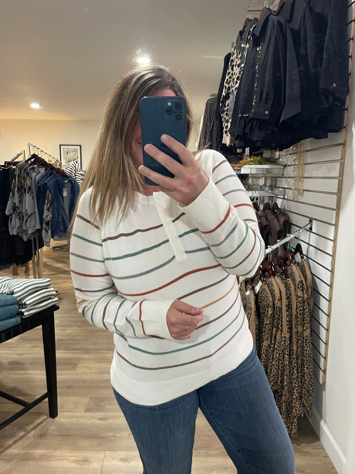 Ivory Multi Color Stripe Half Buttons Raglan Sleeve Pullover Knit
