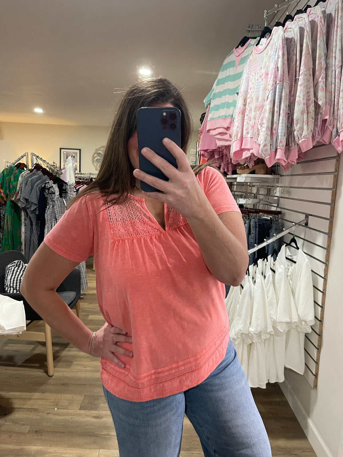 CORAL LACE TRIM MINEAL WASH KNIT TOP