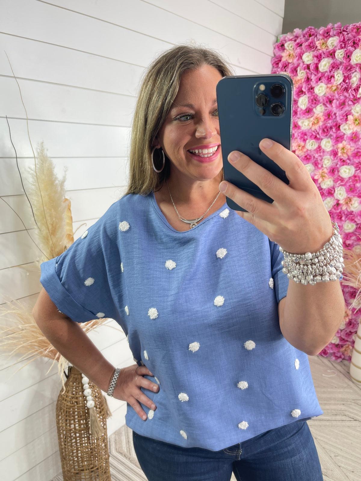 BLUE/CREAM LARGE SWISS DOT TOP