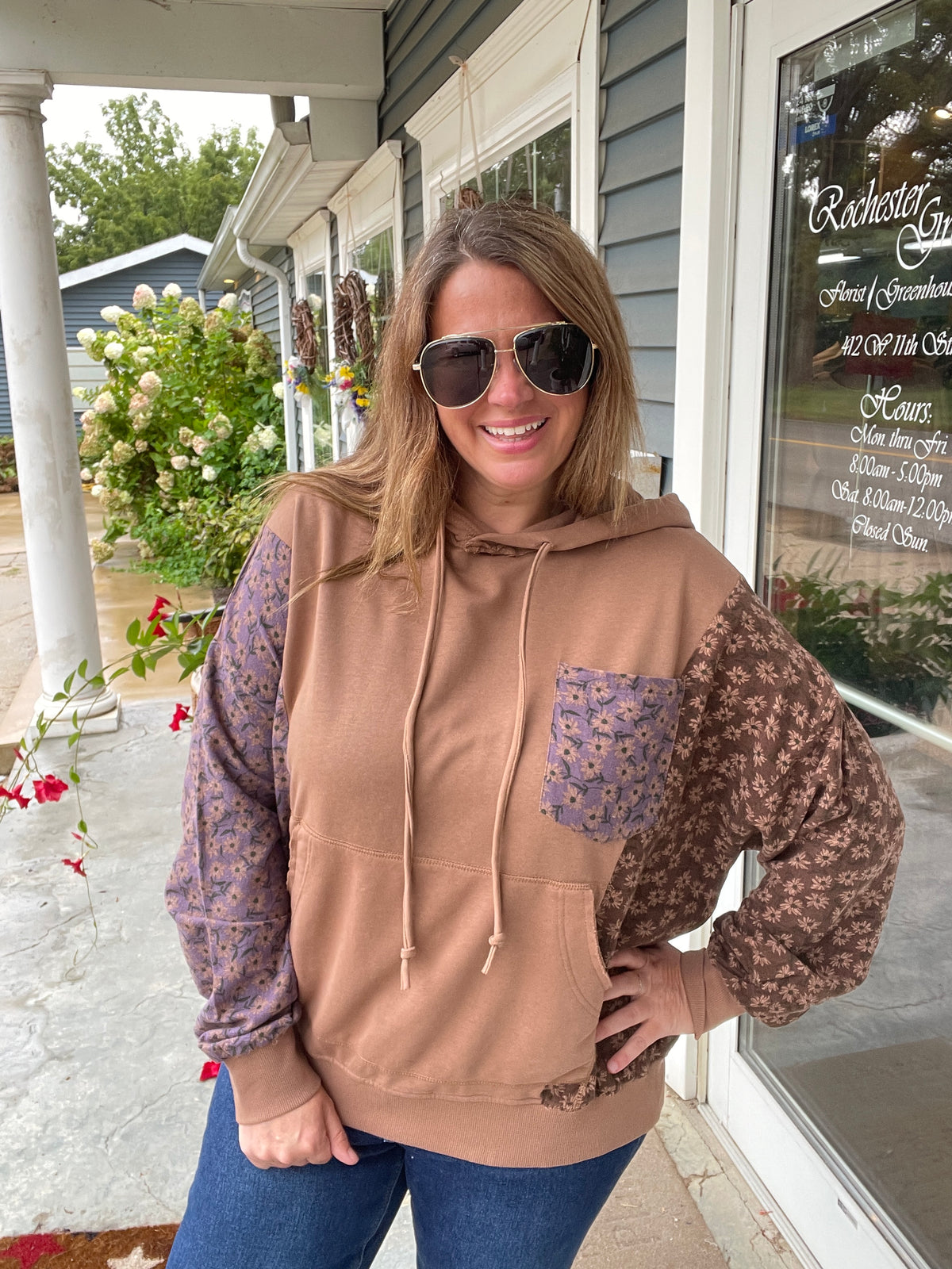 Mocha Floral Colorblock Oversized French Terry Hoodie