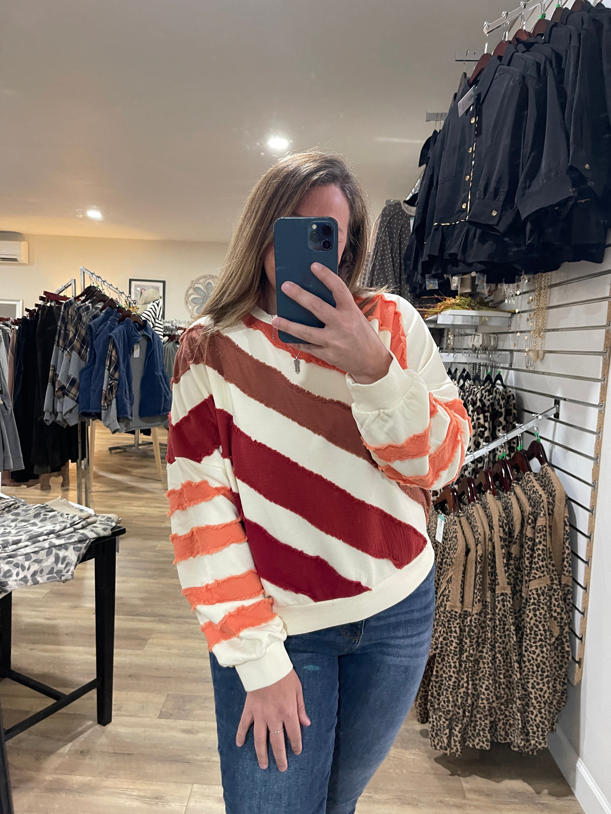 RUST MULTI STRIPED FRENCH TERRY PULLOVER
