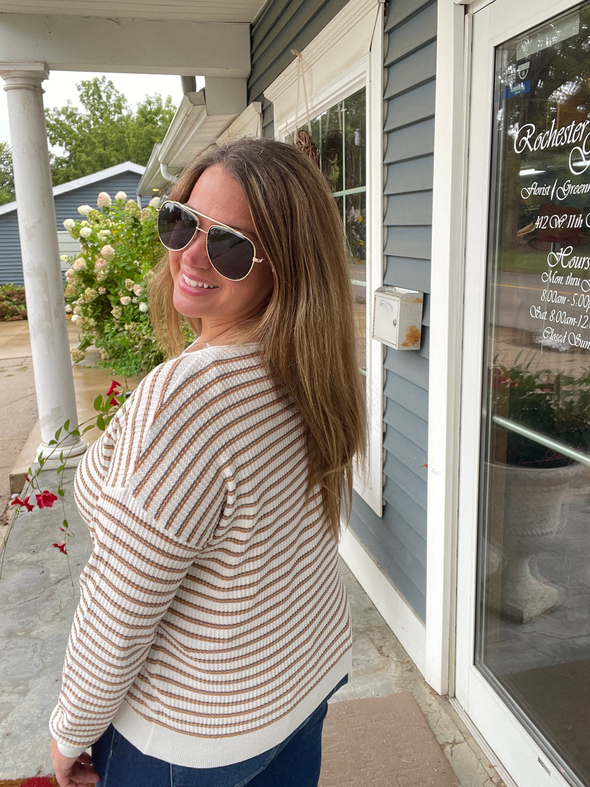 MOCHA/MUSTARD Multi Color Stripes Textured Wide Crew Neck Pullover Sweater