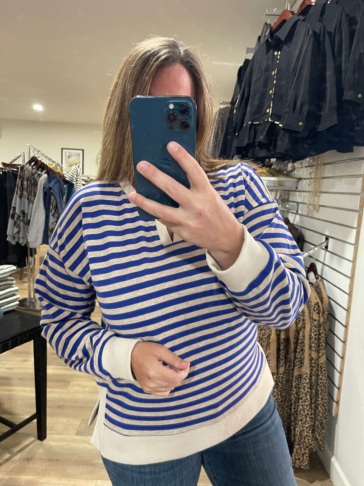 BLUE/OATMEAL Notch Neck Long Sleeve Stripe Top