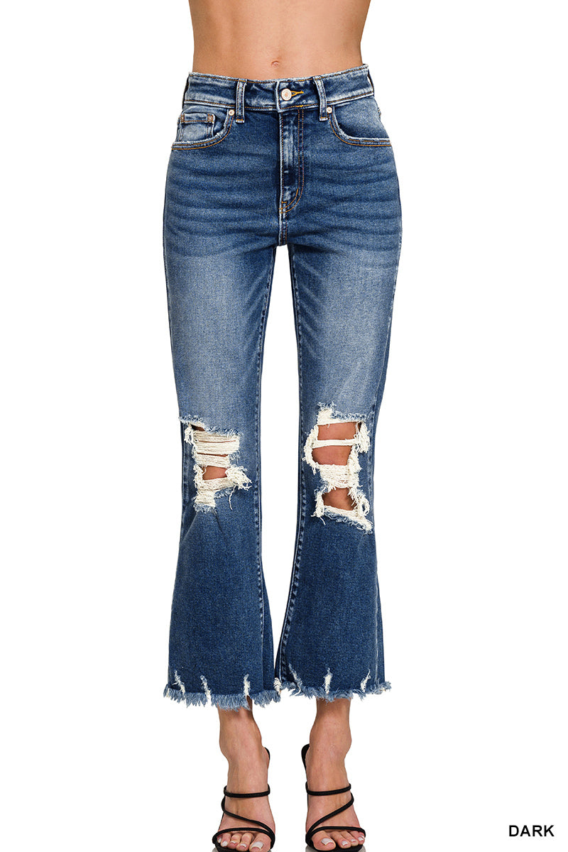 DARK WASH DISTRESSED KNEE AND HEM JEANS