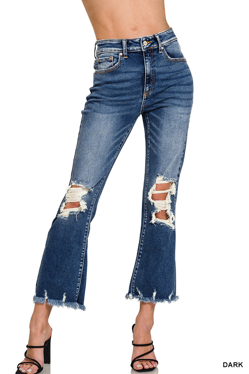 DARK WASH DISTRESSED KNEE AND HEM JEANS