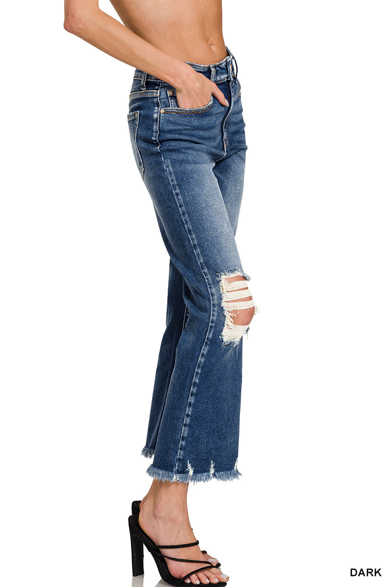 DARK WASH DISTRESSED KNEE AND HEM JEANS
