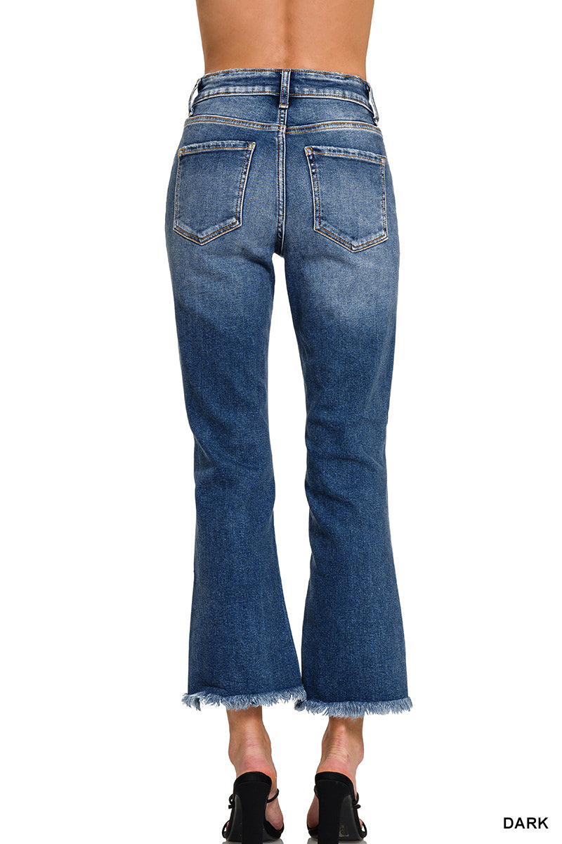 DARK WASH DISTRESSED KNEE AND HEM JEANS