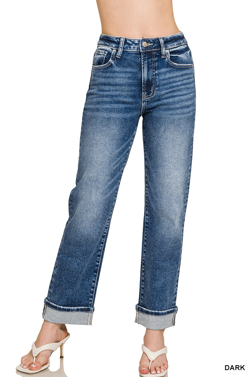 DARK WASH CUFFED STRAIGHT DENIM JEANS