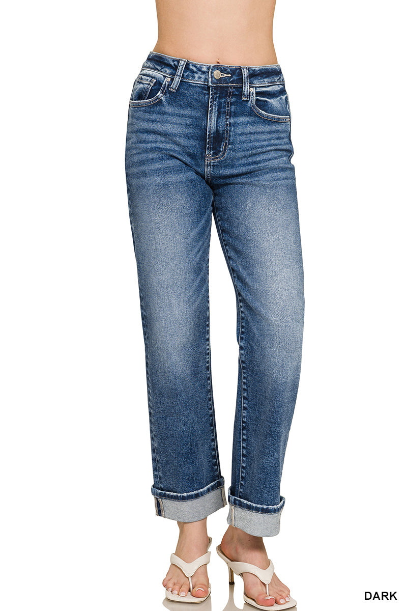 DARK WASH CUFFED STRAIGHT DENIM JEANS