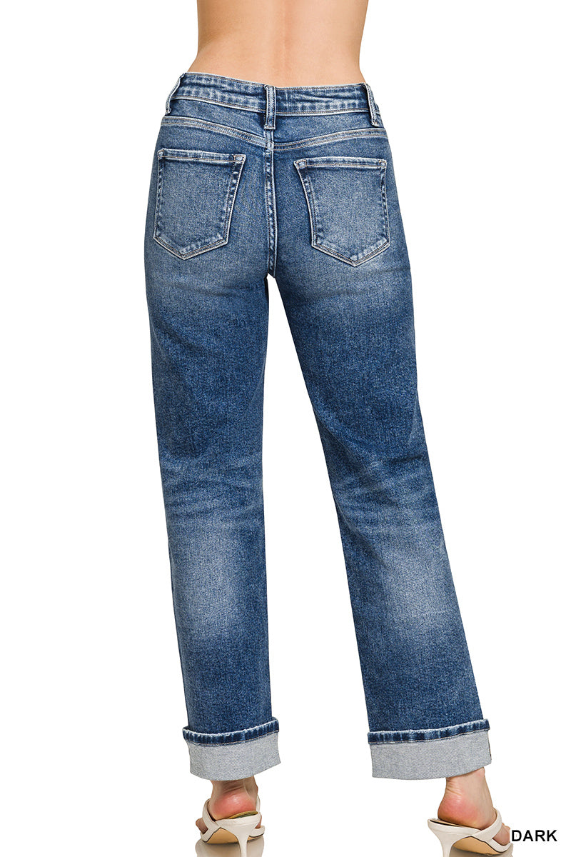 DARK WASH CUFFED STRAIGHT DENIM JEANS