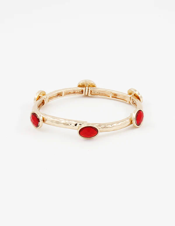 HAMMERED GOLD TEXTURED AND RED STONE STRETCH BRACELET