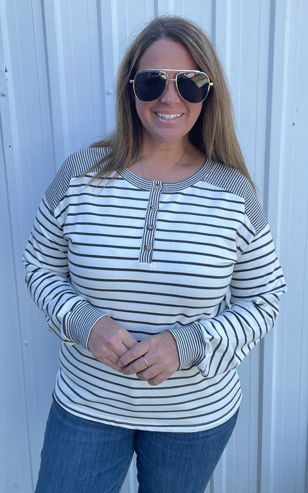 Ivory/Charcoal Half Button Long Sleeve Stripe Mixed Terry Top