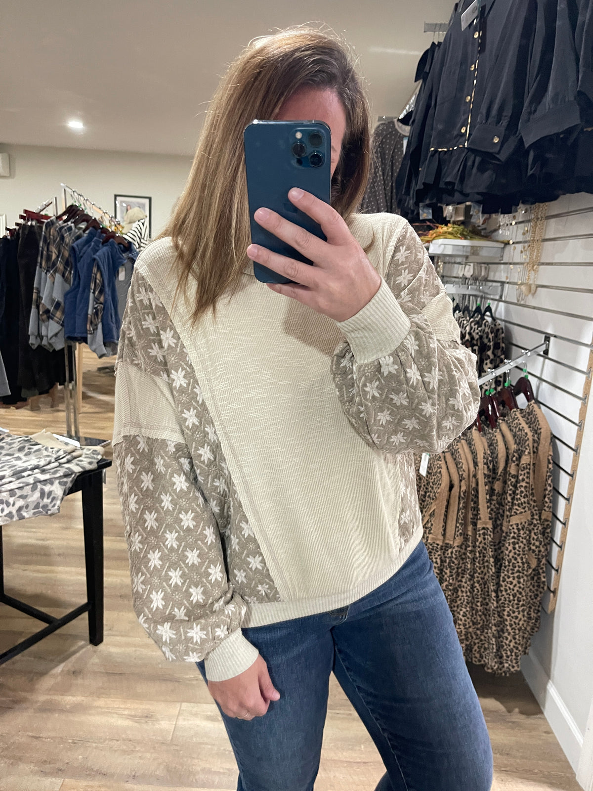 KHAKI FLORAL/RIBBED OVERSIZED FIT TOP