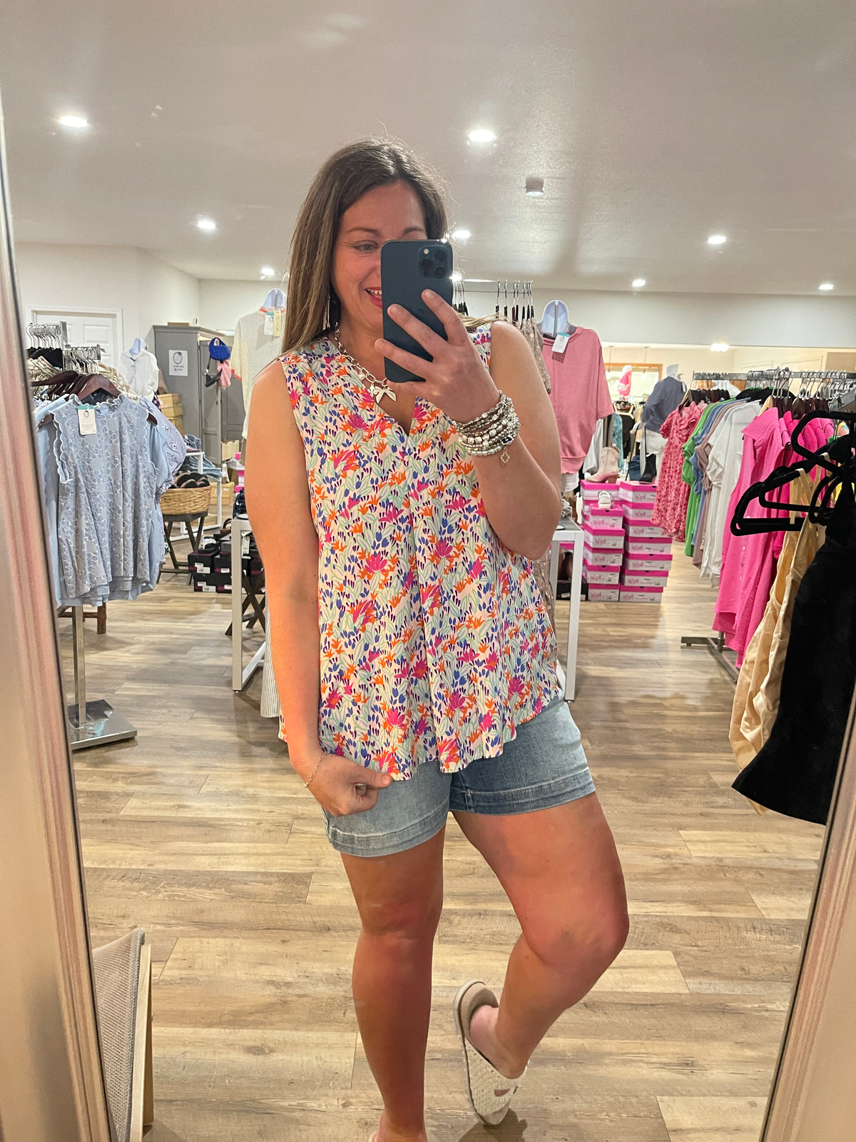 PINK/ORANGE SLEEVELESS FLORAL WOVEN TOP- FINAL SALE