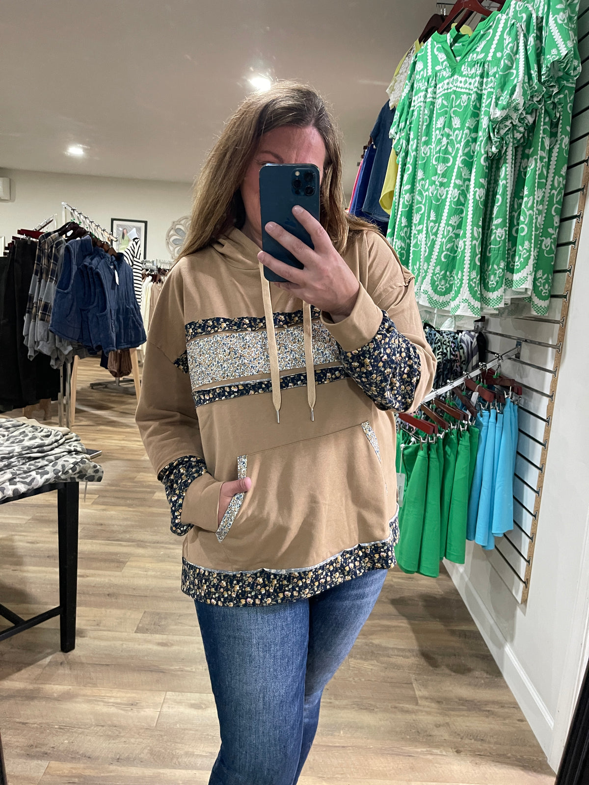CAMEL FRENCH TERRY COLORBLOCK PATCHWORK HOODED LIGHT WEIGHT PULLOVER