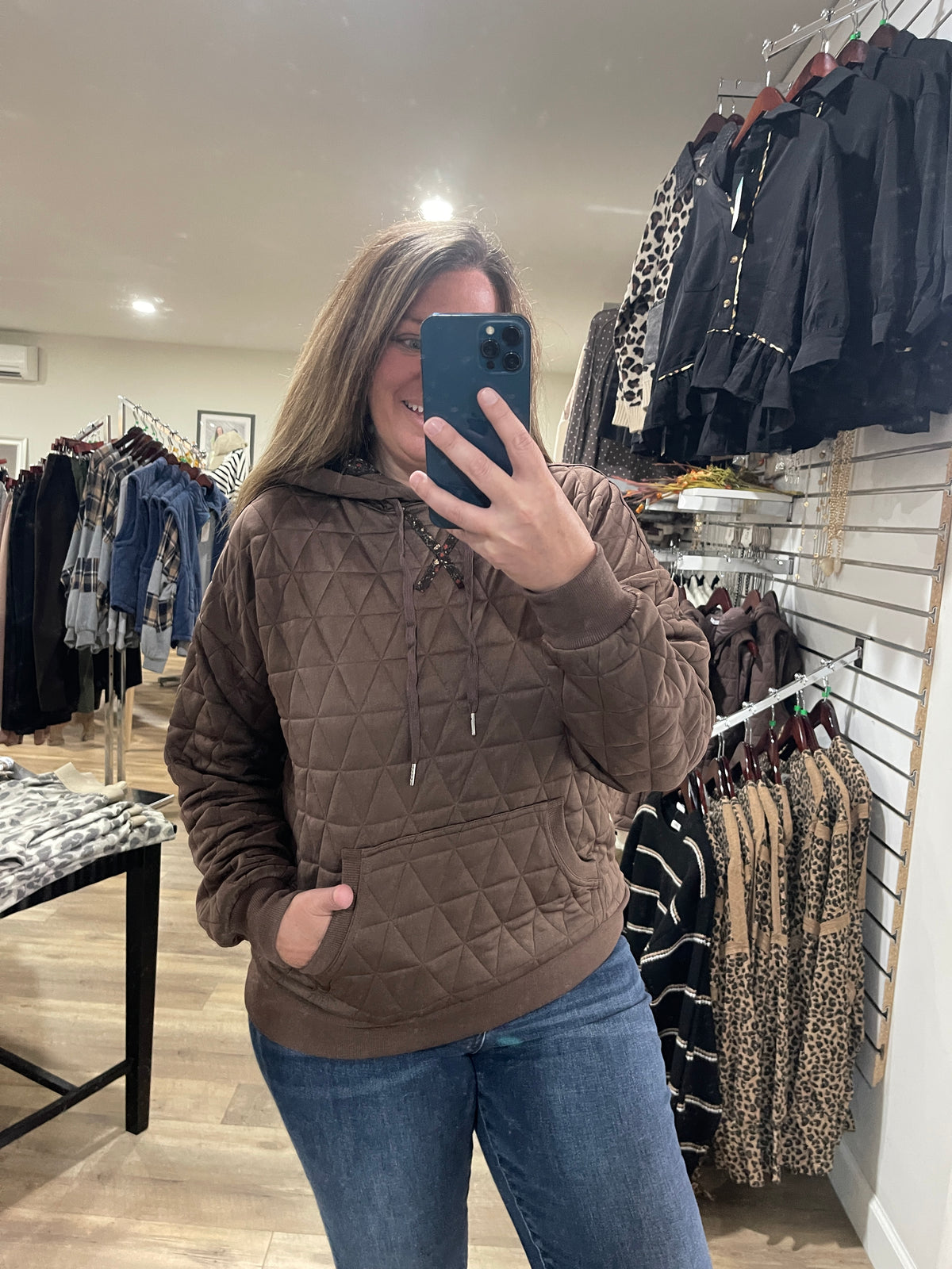 BROWN Quilted Hoodie Pullover Top With Contrast Floral Print