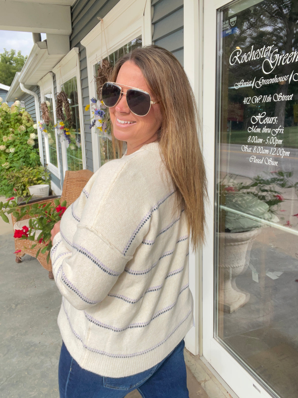 OATMEAL/LAVENDER Texture Multi Striped, Crew Neck, Long Sleeve knit sweater