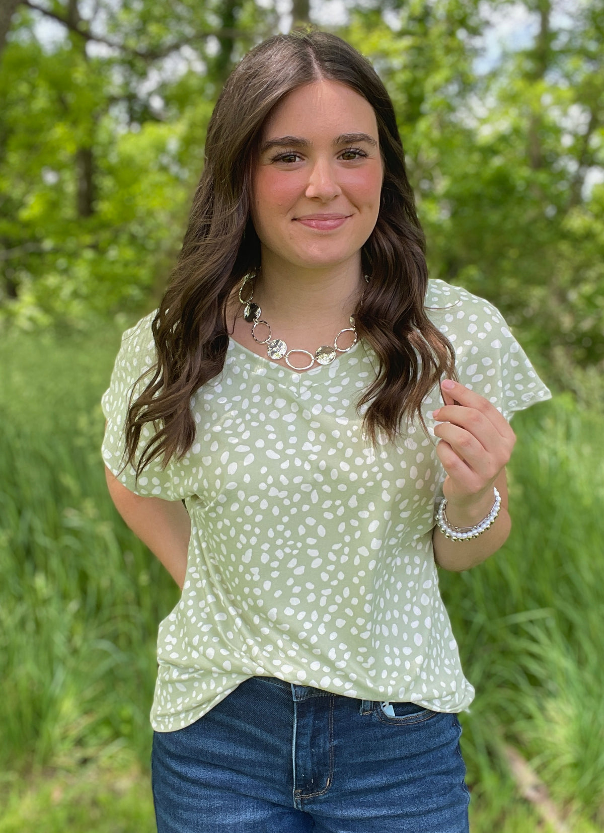 SAGE DOT PRINT BUTTER KNIT TOP