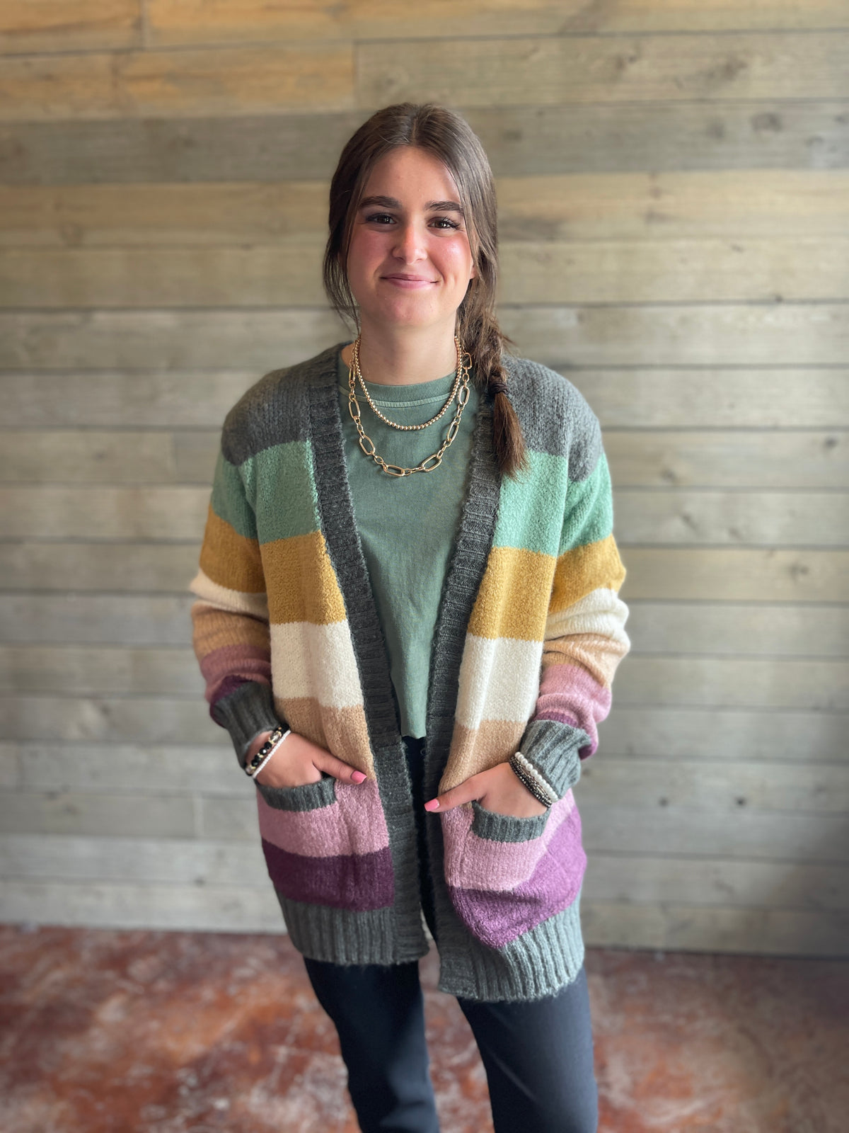 FOREST/MUSTARD Multi Color Blocked Open Front Long Sleeve Sweater Cardigan With Patch Pockets