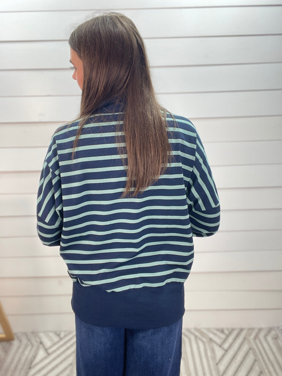 NAVY/SAGE STRIPED OVERSIZED MOCK NECK TOP