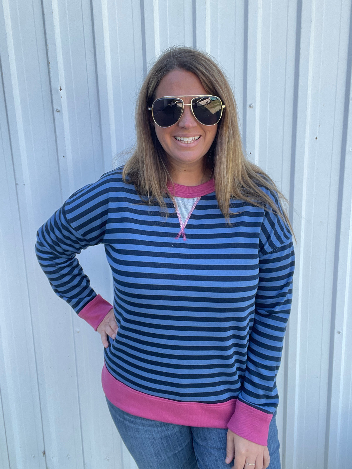 Navy/Fuschia Color Trim Banded, Long Sleeve, French Terry Pinstriped Top