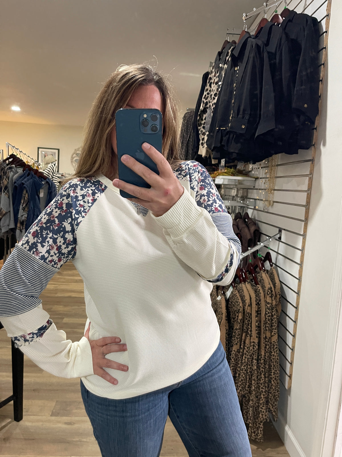 Ivory/Blue Floral Print And Stripe Blocked, Long Sleeve Waffle Top