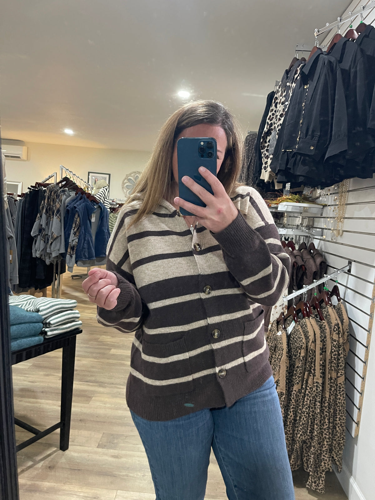DARK MOCHA Striped, Hoodie, Button Down, Cardigan Sweater With Pocket