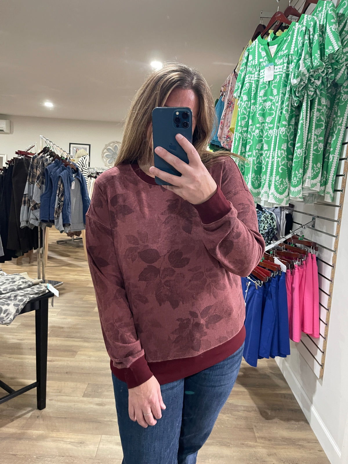 BURGUNDY Crew Neck, Long Sleeve, Rib Hacci Floral Printed Top