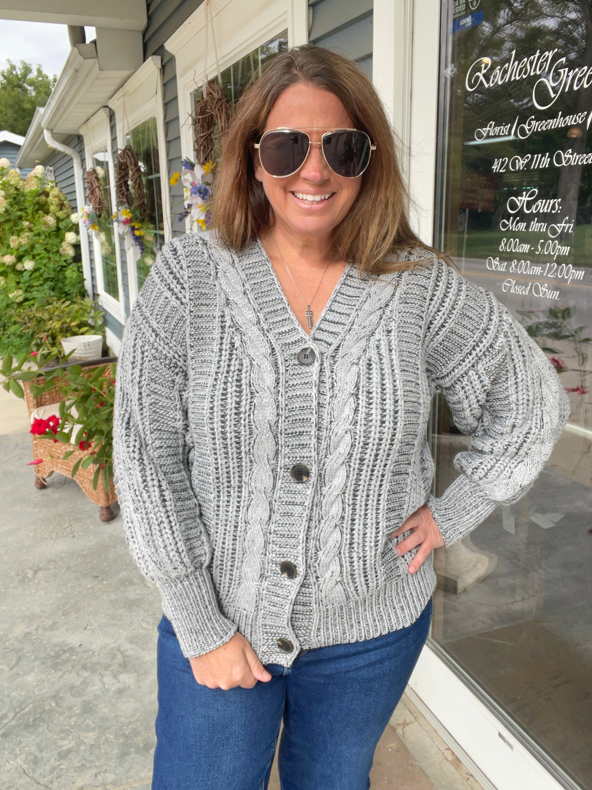GREY V Neck Button Down Oversized Loose Fit Long Sleeve Two Tone Cable Chunky Sweater