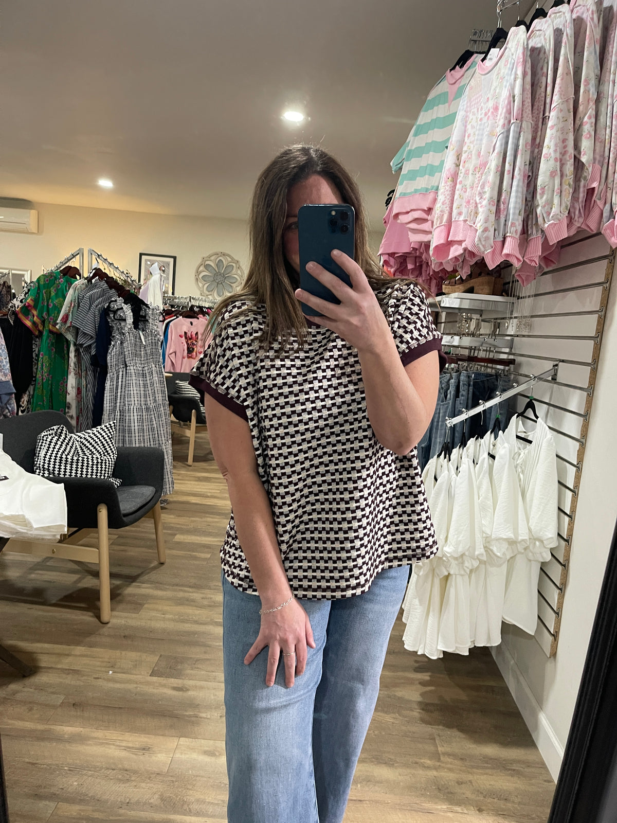 WINE/OATMEAL TEXTURED CHECK KNIT TOP
