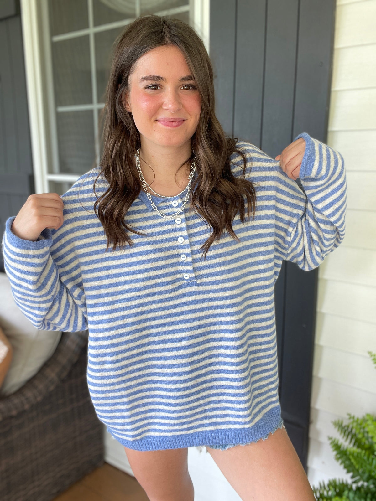BLUE ROLLED EDGE BUTTON HENLEY STRIPED SWEATER