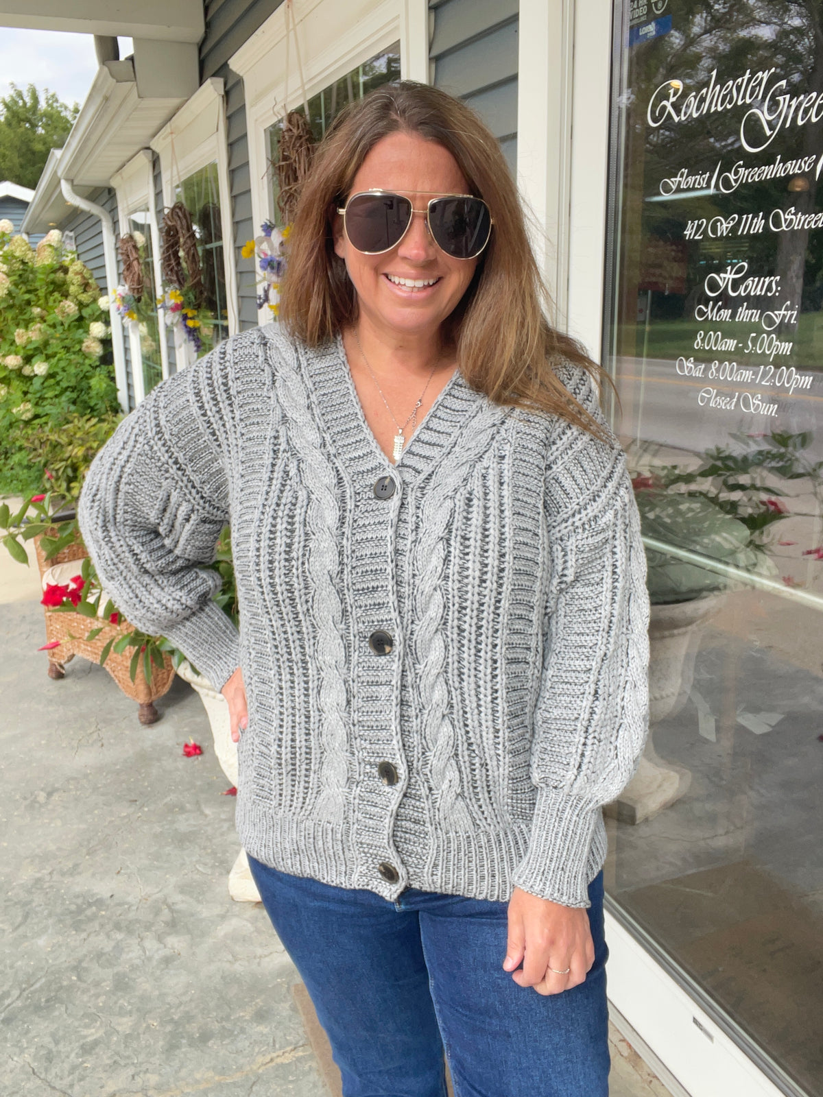 GREY V Neck Button Down Oversized Loose Fit Long Sleeve Two Tone Cable Chunky Sweater