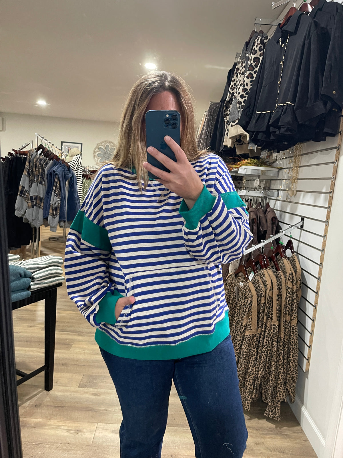 ROYAL BLUE/TEAL STRIPED FRENCH TERRY TOP W/ KANGAROO POCKET
